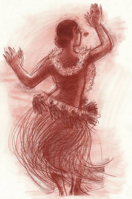 Dance Art Print featuring the drawing Cook Islands Drum Dancer from the Back by Judith Kunzle