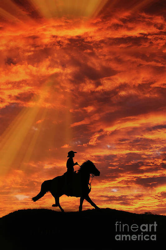 Cowboy Art Print featuring the photograph Country Western Riding Cowboy and Sunset by Stephanie Laird