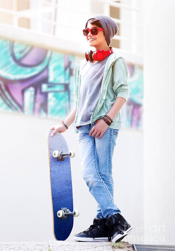 Cute teen boy with skateboard Art Print by Anna Om - Fine Art America