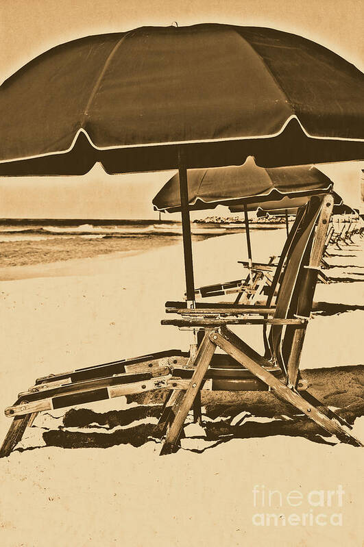 Destin Art Print featuring the photograph Destin Florida Beach Chairs and Green Umbrella Vertical Rustic Digital Art by Shawn O'Brien
