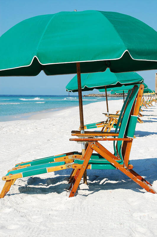 Destin Art Print featuring the photograph Destin Florida Beach Chairs and Green Umbrella Vertical by Shawn O'Brien