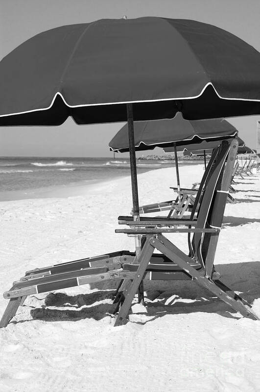 Destin Art Print featuring the photograph Destin Florida Beach Chairs and Umbrella Vertical Black and White by Shawn O'Brien