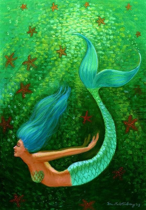 Mermaid Art Print featuring the painting Diving Mermaid Fantasy Art by Sue Halstenberg