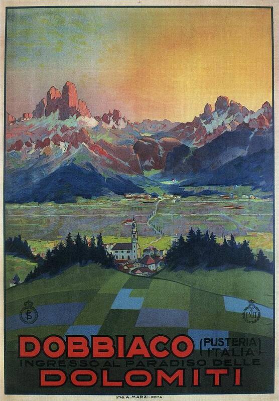 Dobbiaco Dolomiti Art Print featuring the painting Dobbiaco Dolomiti - Italian Dolomites - Vintage Travel Poster by Studio Grafiikka