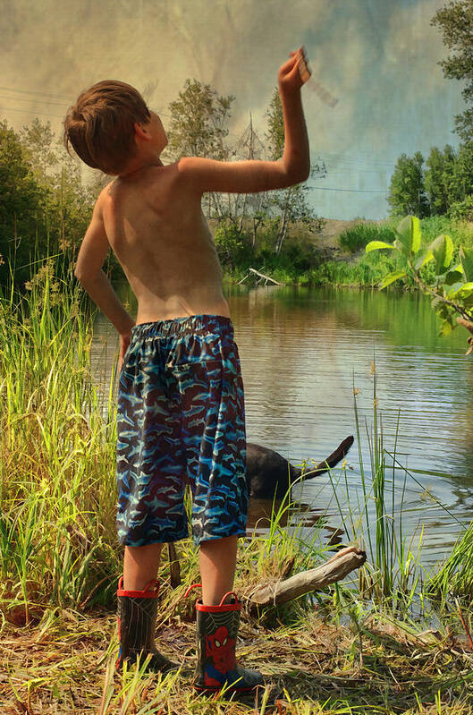 Boy Art Print featuring the photograph Down At The Pond by Sue Capuano