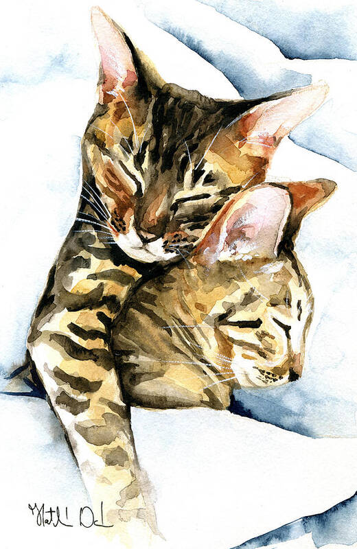 Dreamland Art Print featuring the painting Dreamland - Bengal and Savannah Cat Painting by Dora Hathazi Mendes