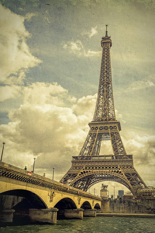 Joan Carroll Art Print featuring the photograph Eiffel Tower and Pont D'lena Vintage by Joan Carroll