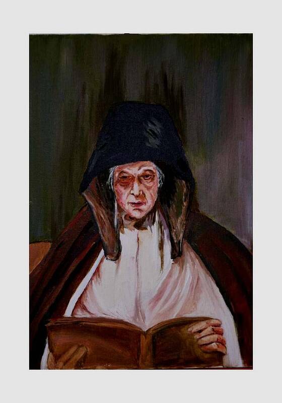 Old Lady Art Print featuring the painting Elderly lady reading a book by Asha Sudhaker Shenoy