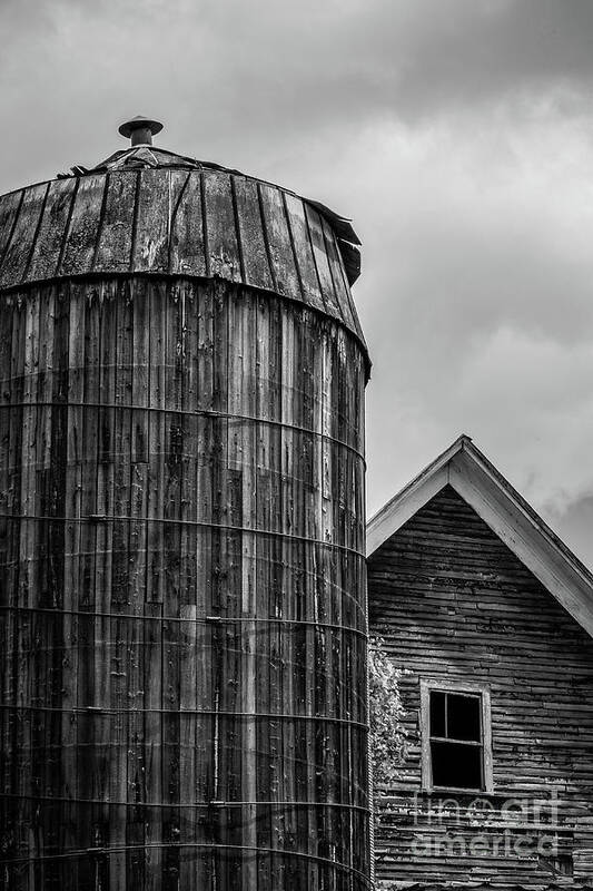 Thetford Art Print featuring the photograph Ely Vermont Old Wooden Silo and Barn Black and White by Edward Fielding
