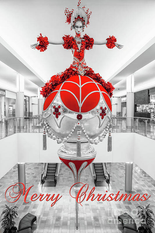 Fashion Show Christmas Art Print featuring the photograph Fashion Show Red and Gold Ornament Full BW and Red Merry Christmas by Aloha Art