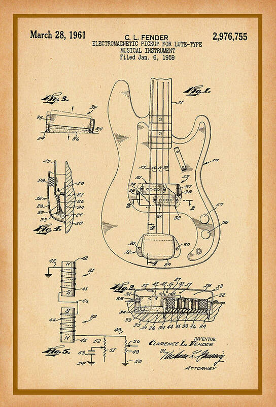 Fender Bass Guitar Pickup Patent Drawing Art Print featuring the photograph Fender Bass guitar Pickup Patent Drawing by Carlos Diaz