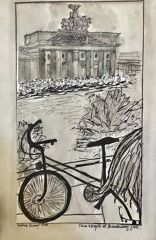 Brandenburg Gate Art Print featuring the drawing Fina and bicycle at Brandenburg Gate by Barbara Anna Knauf
