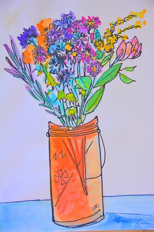 Flowers Art Print featuring the photograph Flowers in an orange mason jar by Julia Malakoff