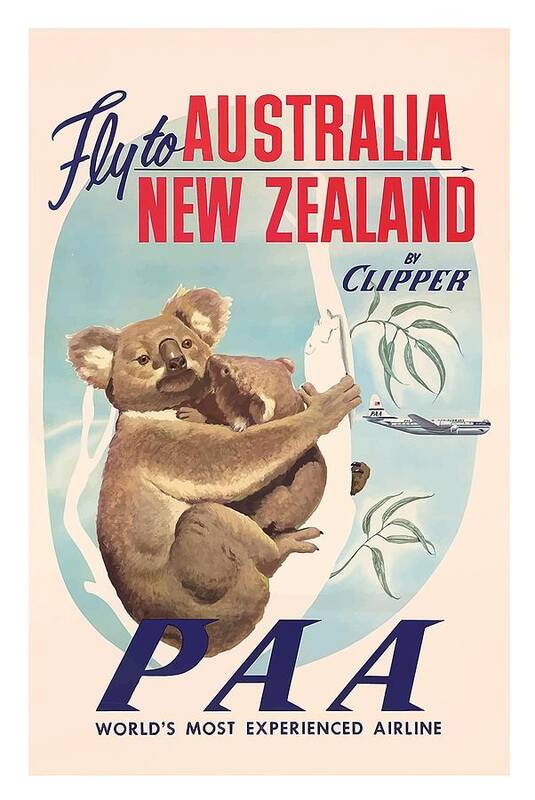 Australia Art Print featuring the digital art Fly to Australia, New Zealand by Clipper Koala Bears by Retro Graphics