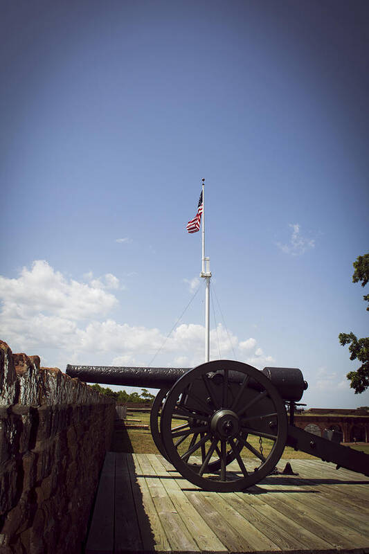 Fort Pulaski Art Print featuring the photograph Fort Pulaski Cannon And Flag by Greg and Chrystal Mimbs