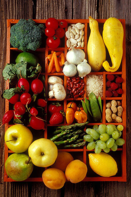 Fruits Vegetables Apples Grapes Compartments Art Print featuring the photograph Fruits and vegetables in compartments by Garry Gay