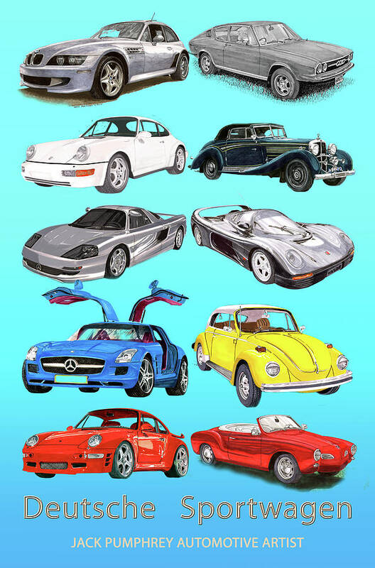 Watercolor Renderings Of German Sports Cars Art Print featuring the painting German Sports Cars by Jack Pumphrey