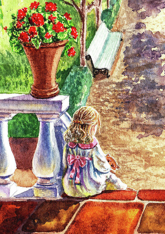 Girl Art Print featuring the painting Girl In The Garden With Teddy Bear by Irina Sztukowski