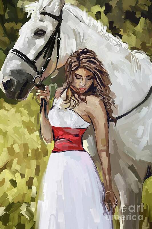 Girl With White Horse Art Print featuring the painting Girl With White Horse by Tim Gilliland