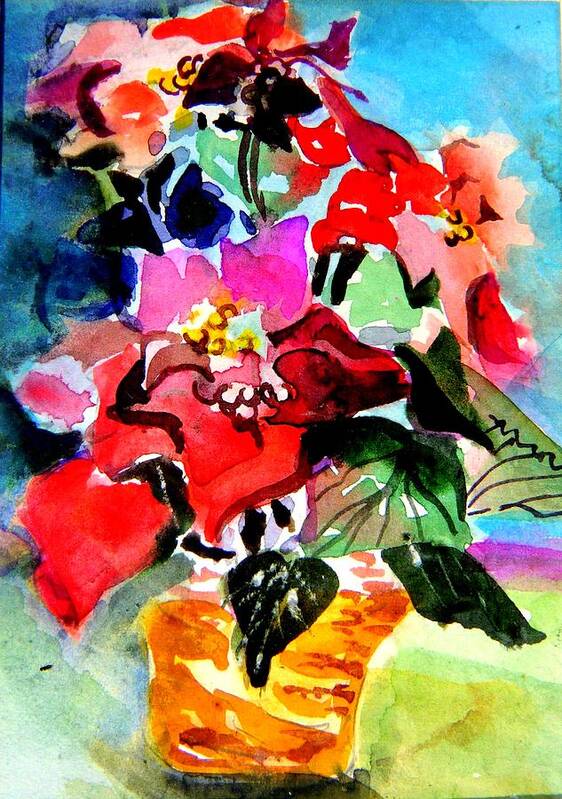 Christmas Art Print featuring the painting Glowing Poinsettias by Mindy Newman