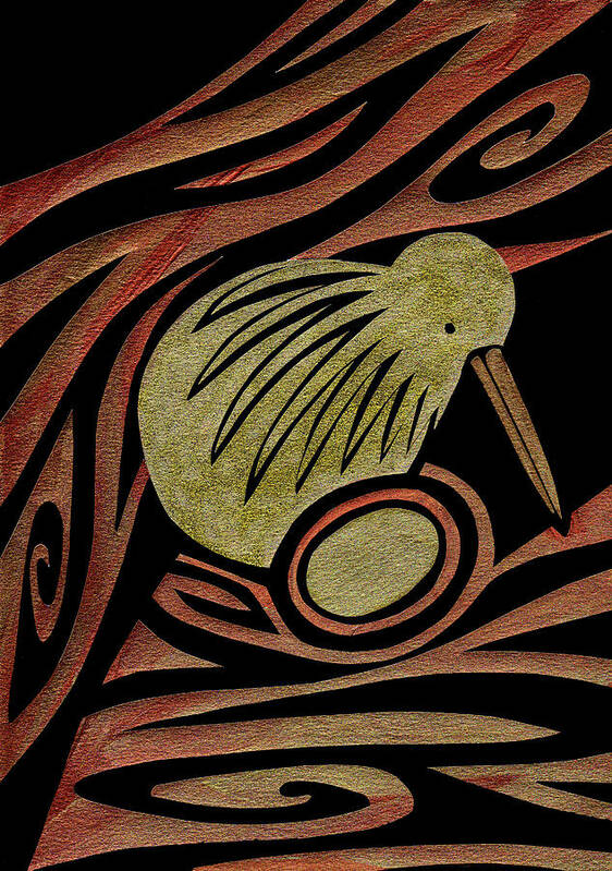 Kiwi Art Print featuring the mixed media Golden Kiwi by Roseanne Jones