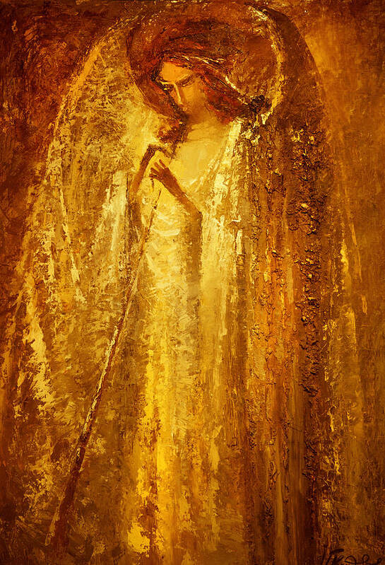 Angel Art Print featuring the painting Golden Light of Angel by Valentina Kondrashova