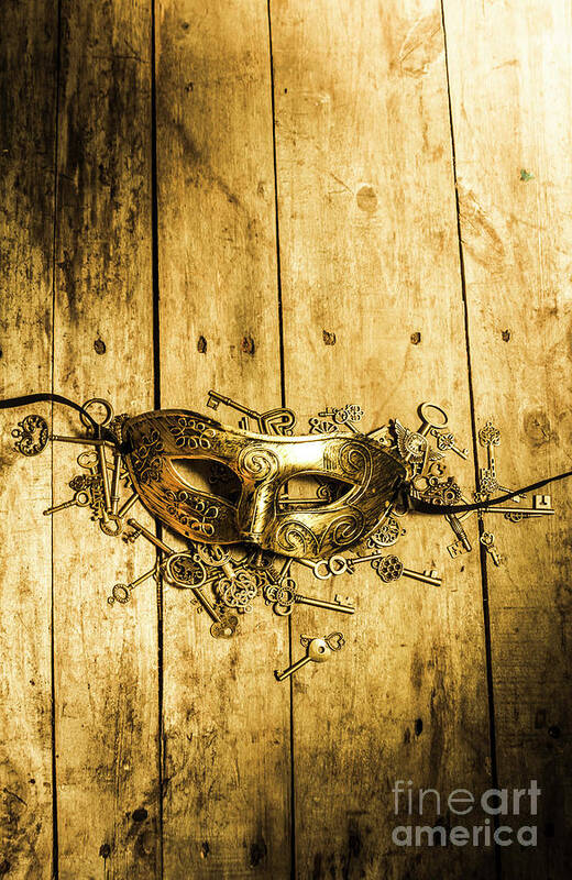 Theater Art Print featuring the photograph Golden masquerade mask with keys by Jorgo Photography