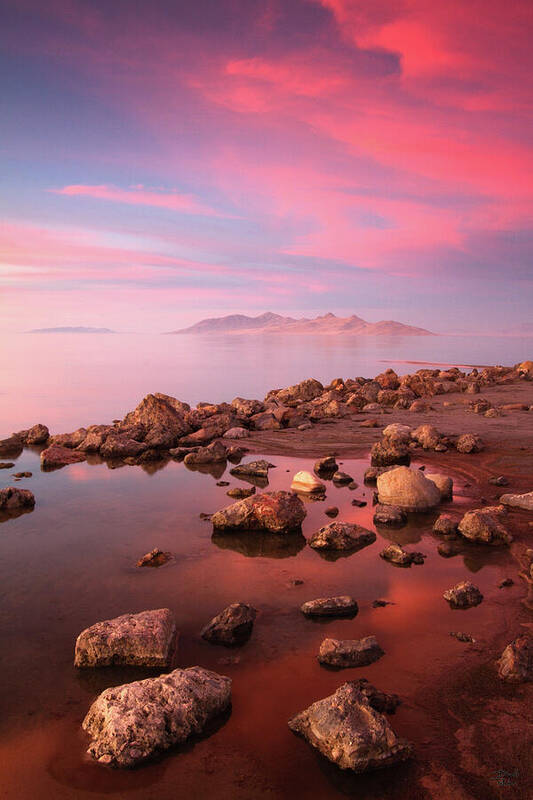 Utah Art Print featuring the photograph Great Salt Lake and Antelope Island Sunset by Brett Pelletier