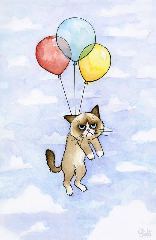 Grumpy Art Print featuring the painting Grumpy Cat and Balloons by Olga Shvartsur