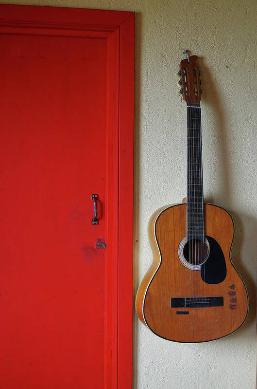 Guitar Art Print featuring the photograph Guitar and Red Door by Adam Reinhart