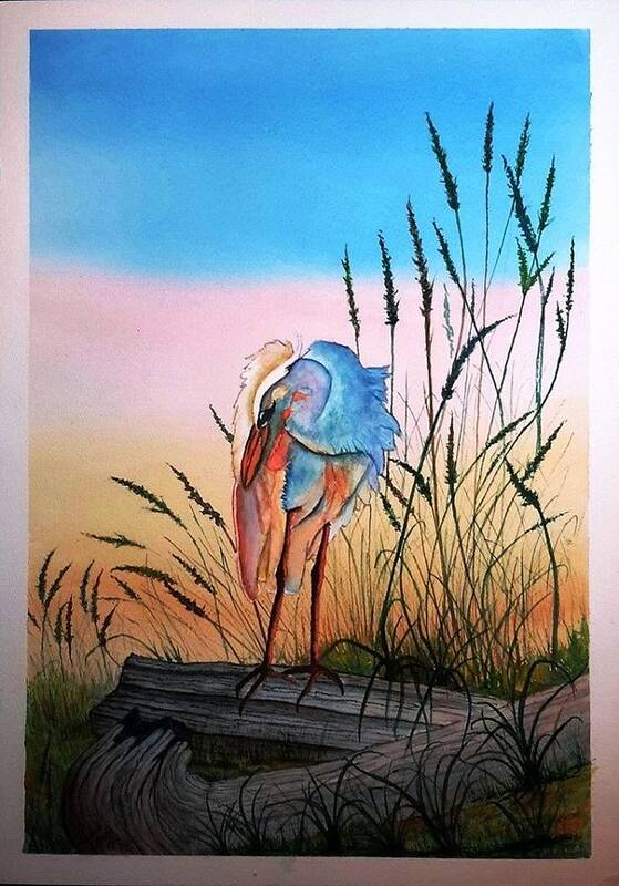 Swamp Art Print featuring the painting Heron on a Log by Richard Benson