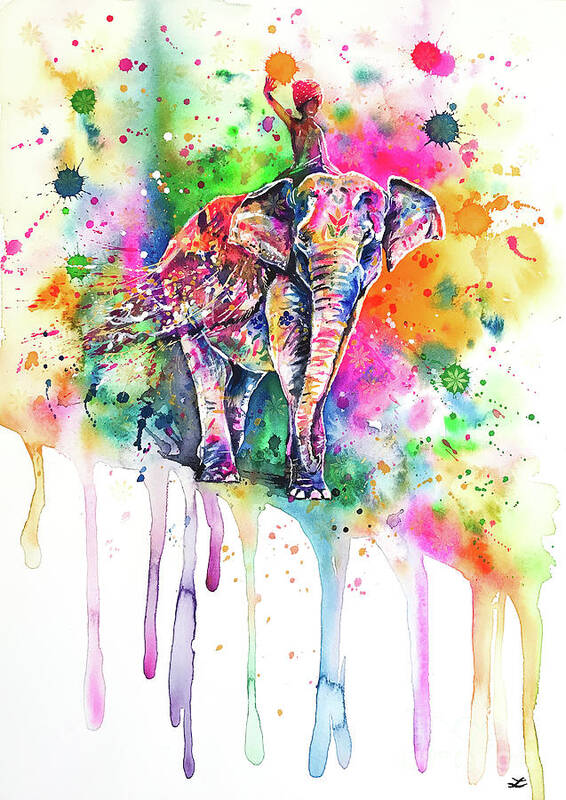 Holi Art Print featuring the painting Holi Decorated Indian Elephant by Zaira Dzhaubaeva