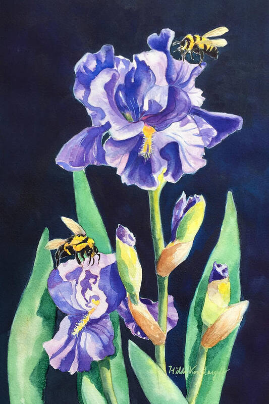 Iris Art Print featuring the painting Iris and Bees by Hilda Vandergriff