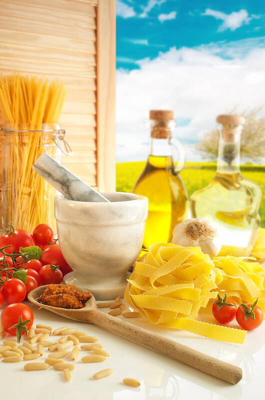 Spaghetti Art Print featuring the photograph Italian Pasta In Country Kitchen by Amanda Elwell