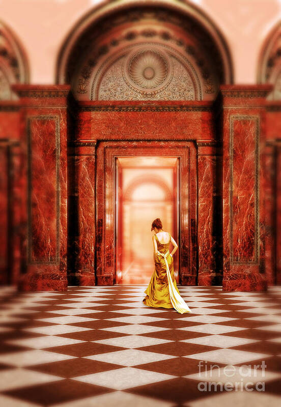 Woman Art Print featuring the photograph Lady in Golden Gown Walking Through Doorway by Jill Battaglia
