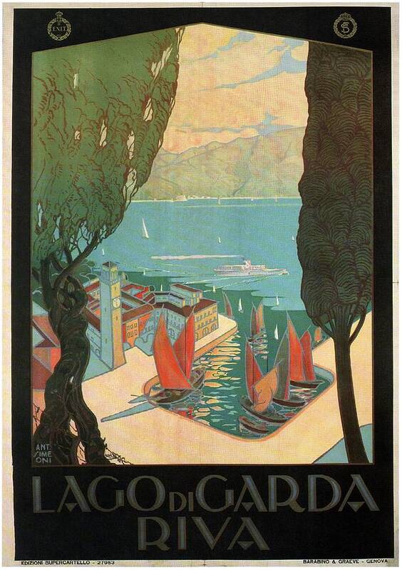 Lago Di Garda Art Print featuring the mixed media Lago Di Garda Riva, Italy - Lake Garda - Retro travel Poster - Vintage Poster by Studio Grafiikka