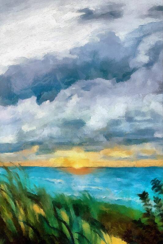 Golden Art Print featuring the painting Lake Michigan Sunset by Michelle Calkins