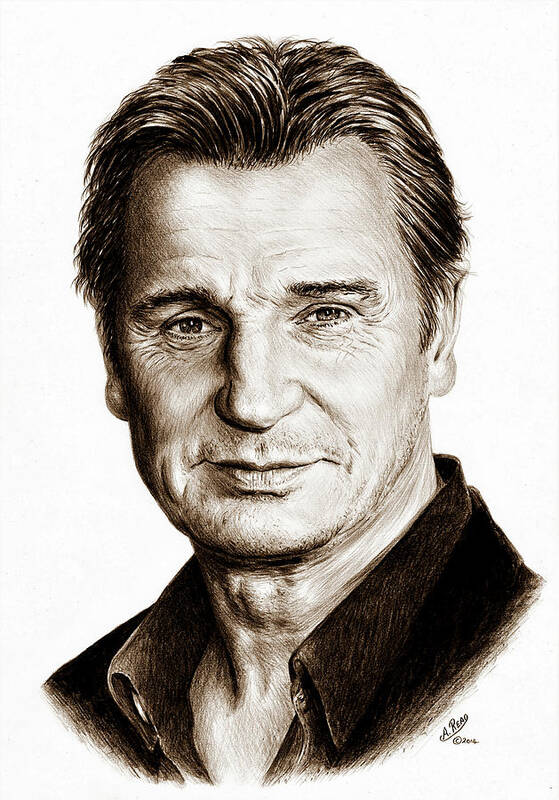 Liam Neeson Art Print featuring the drawing Liam Neeson Sepia by Andrew Read