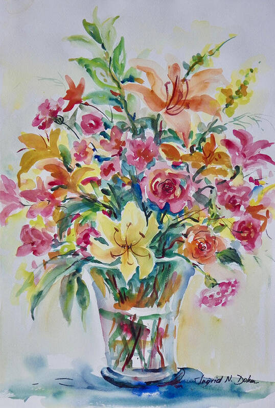 Flowers Art Print featuring the painting Lilies and Roses by Ingrid Dohm