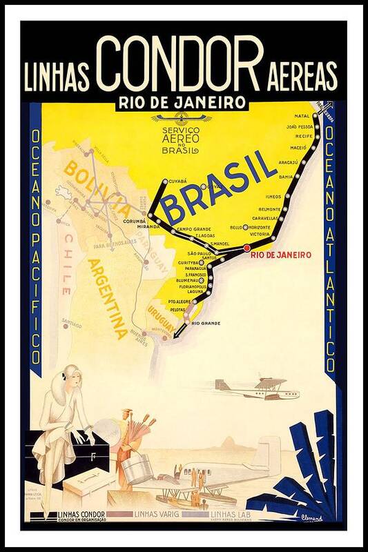 Brazil Art Print featuring the mixed media Linhas Condor Aereas - Rio De Janeiro, Brazil - Retro travel Poster - Vintage Poster by Studio Grafiikka