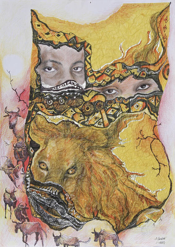 Fantasy Art Print featuring the drawing Lion power by Bernadett Bagyinka