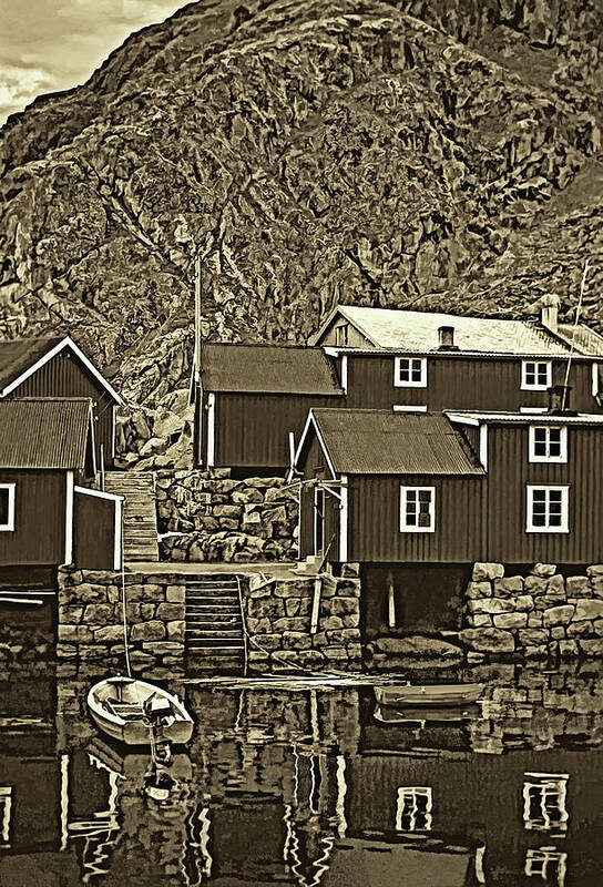 Lofoten Art Print featuring the photograph Lofoten Fishing Huts - Sepia by Steve Harrington
