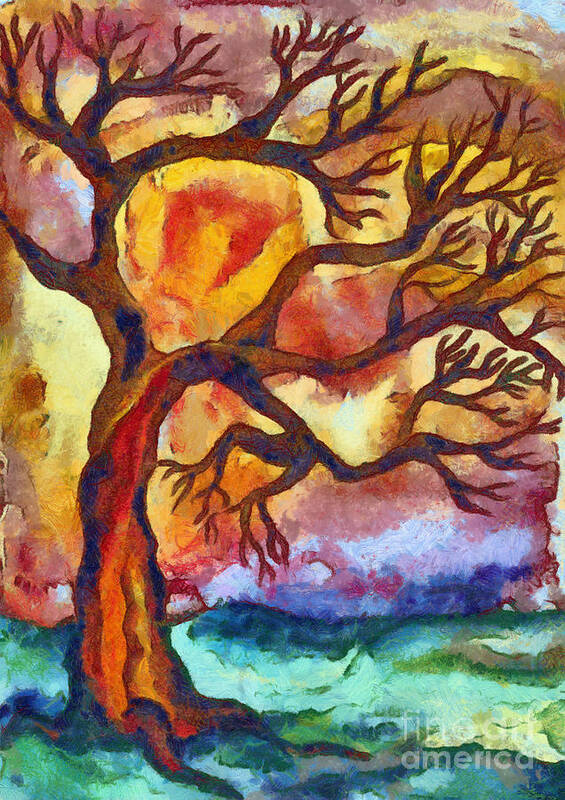 Abstract Art Print featuring the mixed media Lone tree at sunset by Michal Boubin