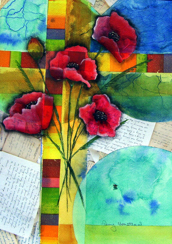 Poppies Abstract Red Collage Papers Acrylic Watercolor Art Print featuring the painting Love Letters by Terry Honstead