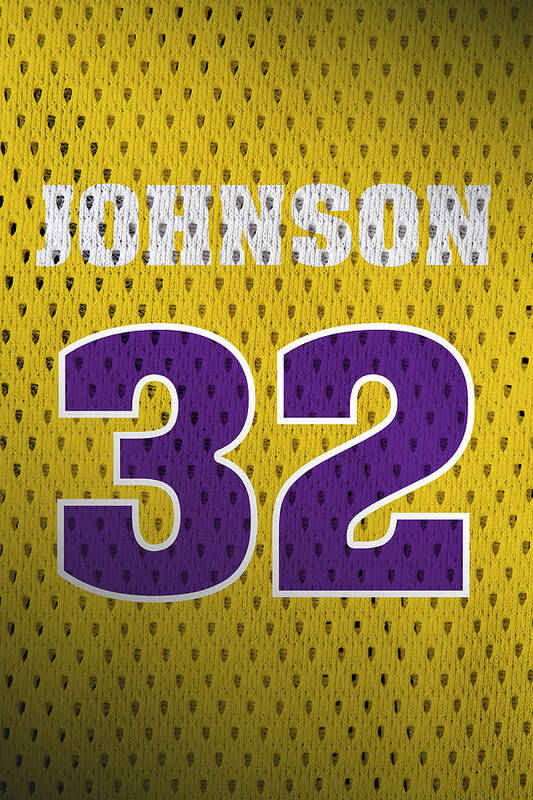 Magic Johnson Art Print featuring the mixed media Magic Johnson Los Angeles Lakers Number 32 Retro Vintage Jersey Closeup Graphic Design by Design Turnpike
