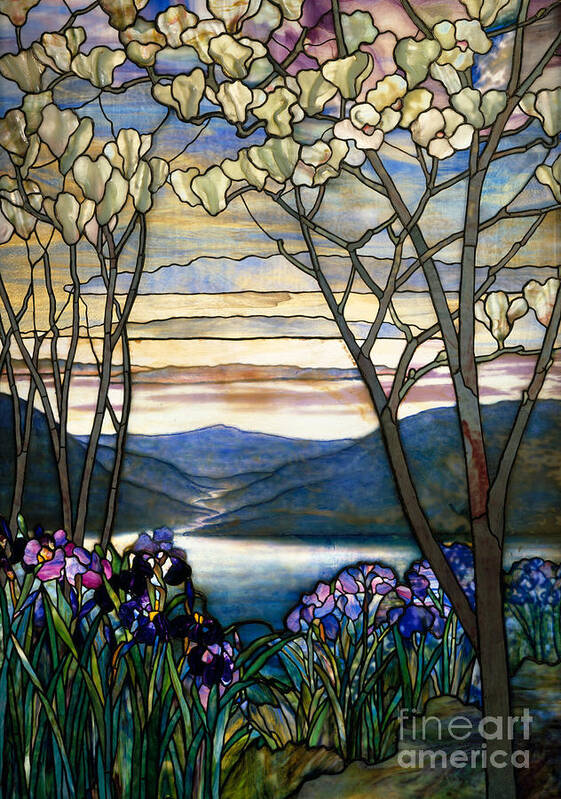 Magnolia Art Print featuring the glass art Magnolias and Irises by Louis Comfort Tiffany