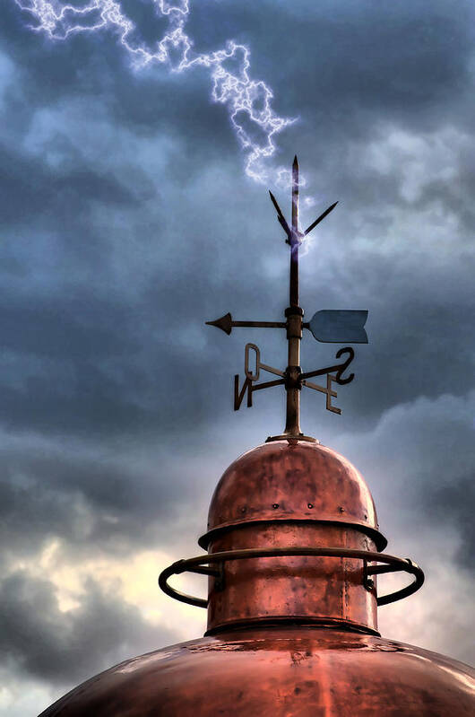 Architecture Art Print featuring the photograph Menorca copper lighthouse dome with lightning rod under a bluish and stormy sky and lightning effect by Pedro Cardona Llambias