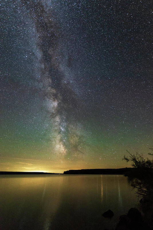 Outdoor; Lake; Reflections; Milky Way; Banks Lake; Baker Canyon; Grand Coulee; Steamboat Rock State Park; Pacific West Coast; East Washington Art Print featuring the digital art Milky Way at the Banks Lake by Michael Lee