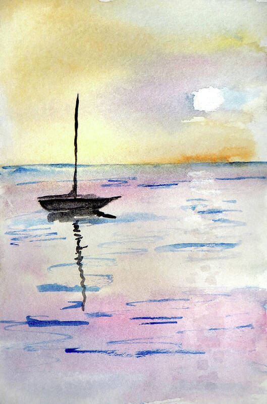 Moored Sailboat Water Marina Harbor Sea Art Painting Watercolor Bay Sky Sun Sunset Evening Ocean Light Lake Silhouette Reflection Calm Boat Blue Yacht Seascape Port Peaceful Outdoors Moorings Horizon Dusk Clouds Sunrise Still Solitude Scene Sail Relaxing Orange Nautical Beauty Waterscape Vessel Vertical Tranquil Sunshine Sunny Stillness Seafaring Kyllo Romantic Pink Peacefulness Morning Mooring Mirror Maritime Idyllic Holiday Golden Glimmering Day Dawn Clear Calming Boating Beautiful Anchored Art Print featuring the painting Moored Sailboat by R Kyllo