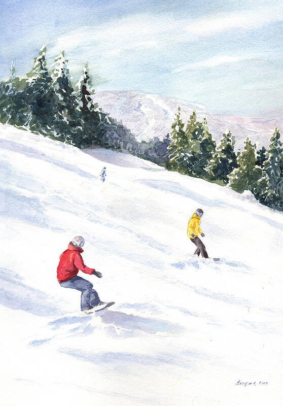 Snowboarding Art Print featuring the painting Morning on the Mountain by Vikki Bouffard